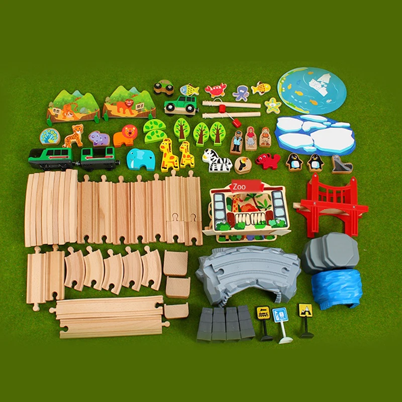 Conjunto de tren de madera para el Zoo, juguete educativo Compatible con vías y coches eléctricos, 82 piezas, Pd42