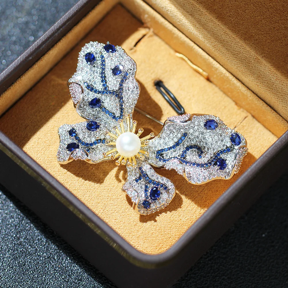 

Изысканная женская брошь-бабочка с синим узором, инкрустированная цирконами, с натуральным пресноводным жемчугом, аксессуар-булавка в виде насекомого