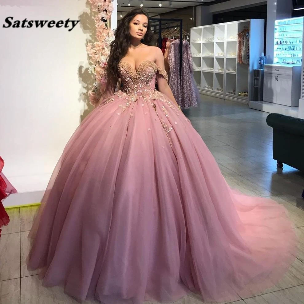 Pink Ball Gown Quinceanera Dress Beaded Prom Dresses Off The Shoulder Formal Quinceanera Gowns 3D flowers Sweep Train Tulle