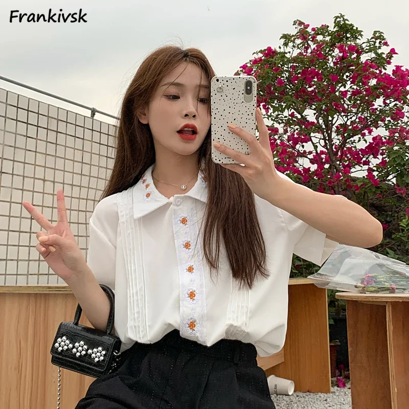 

Embroidered Flowers Shirts Women Summer Sweet Comfortable Vintage Hong Kong Style Half Sleeve Simple Aesthetic Clothing College