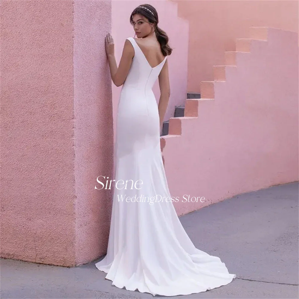 Sirene بسيط حورية البحر مطوي الساتان فستان الزفاف الخامس الرقبة السباغيتي الأشرطة عالية الجانب الشق عارية الذراعين زي العرائس Vestidos De Novia