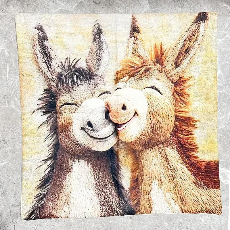 VIKAMA Plush Donkey Pillowcase - Cute Cartoon Donkey Design, Soft Beige Background, Home Decoration