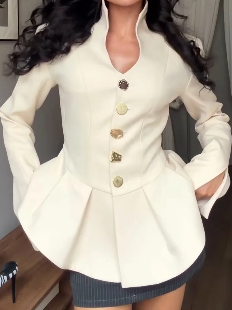 Elegant Hallow Out Solid Jacket Women Full Sleeve Stand Collar Single Breasted Jackets Female 2026 Autumn Pleated Outwear Lady