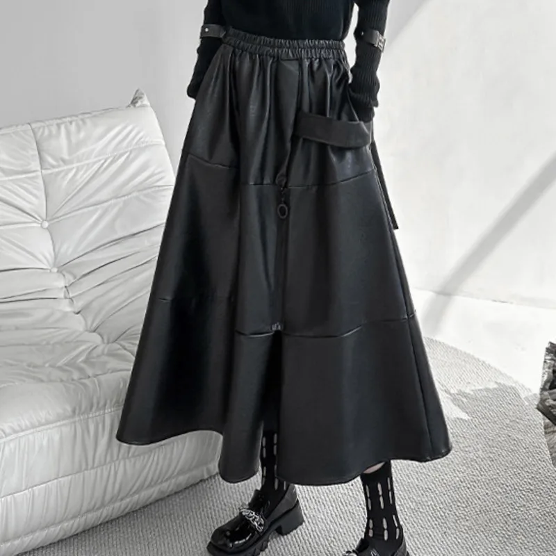 HKSH Lente Herfst Nieuwe Vrouwen Rok PU Leer Elastisch Getailleerde Asymmetrische A-lijn Geplooide Veelzijdige Donkere Retro Chic Rokken HK16649