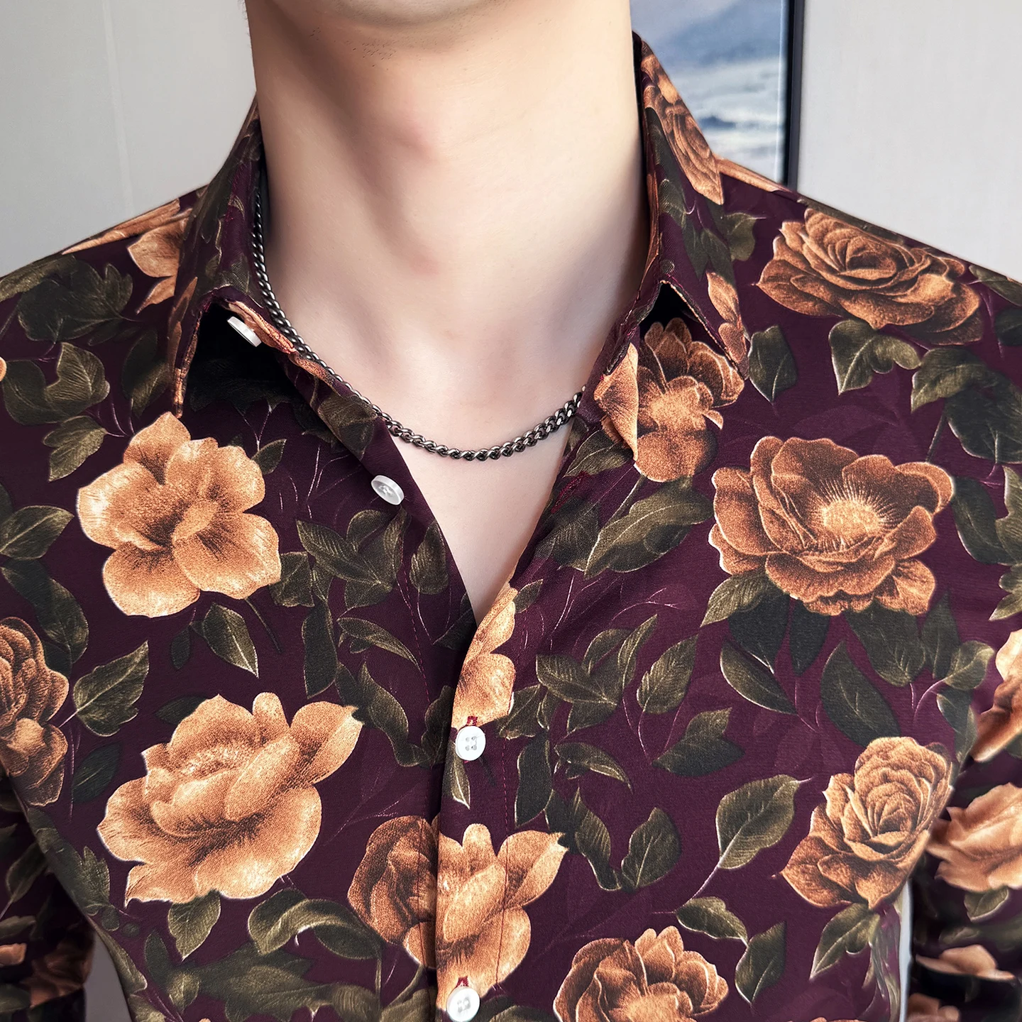 Trendy Floral Shirt Men Autumn Winter Long Sleeve Slim Fit Casual Shirts Social Nightclub Party Street Wear Shirt Men Clothing