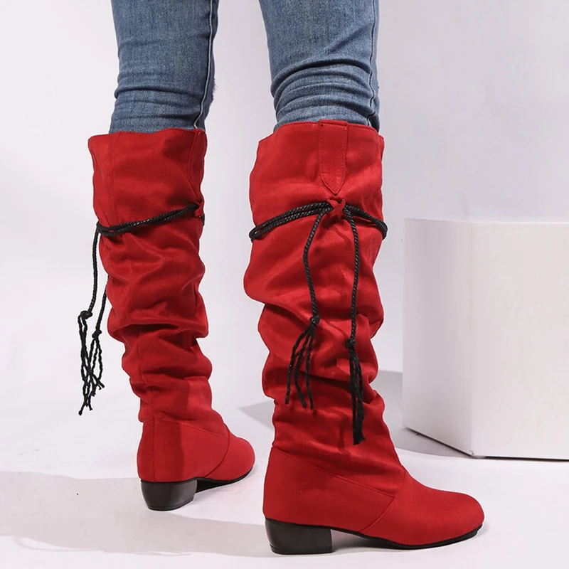 ASILETO 2024 New Women Knee Boots 3cm Square Heel Pleated Round Toe Flock Suede Black Red Apricot Casual Big Size 44 45 46 47