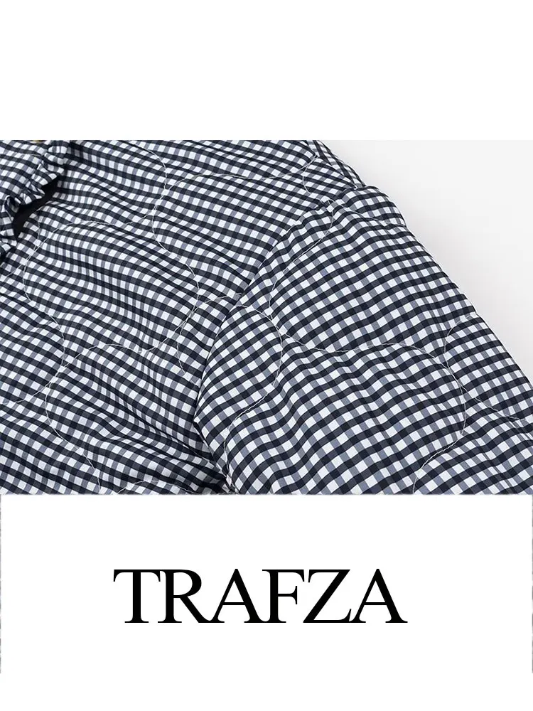 TRAFZA-Jaqueta de Algodão Xadrez Reversível Feminina, Gola Redonda, Decorada com Renda, Single-Breasted, Retro, Elegante, Inverno