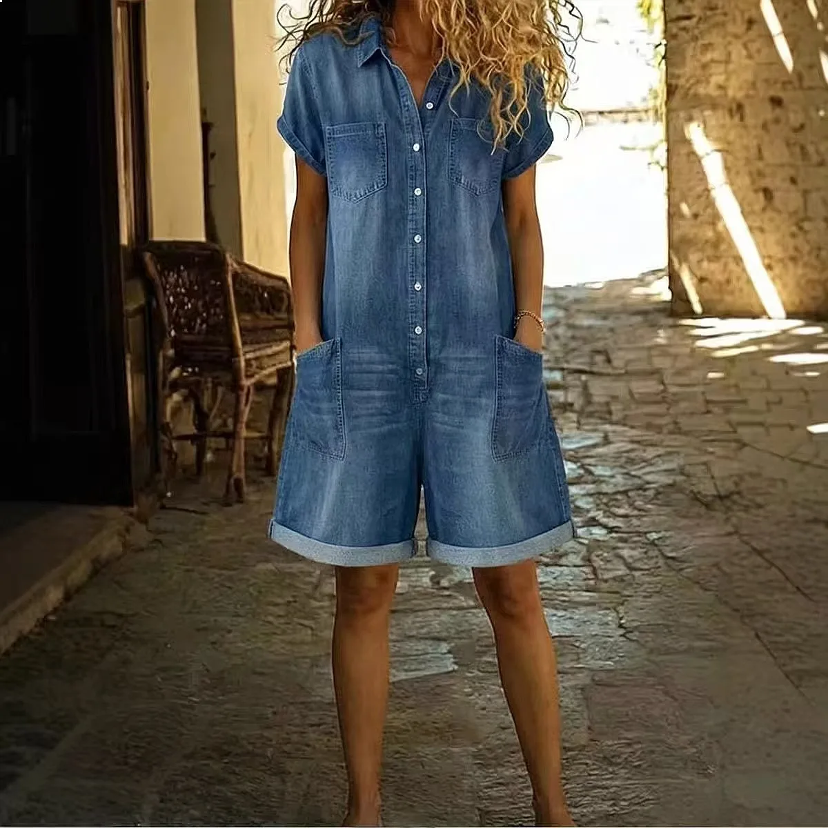 Retro washed denim overall shorts for women spring summer plus size loose short sleeve shirt jumpsuit playsuits