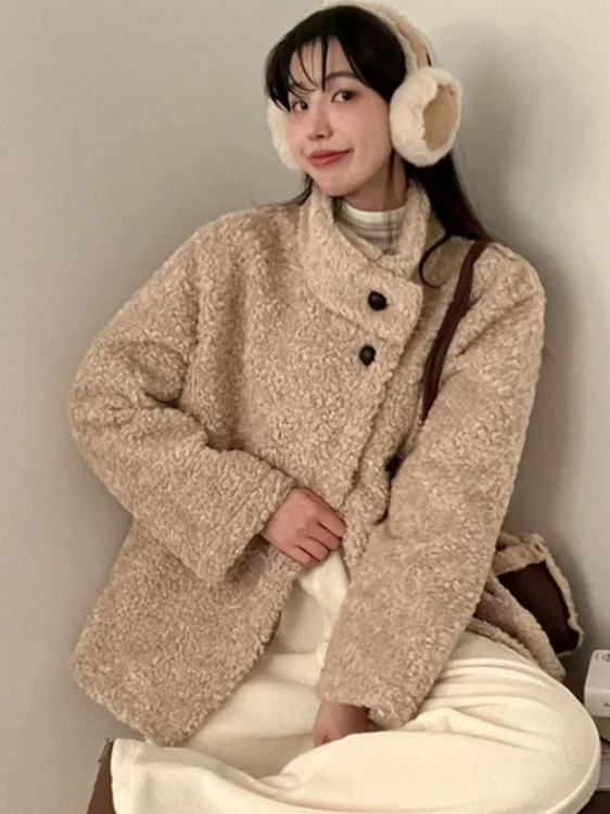 

Thiened Fluffy Button Warm Aosphere Coat Retro Vintage Long Sve Stand Collar Pure Color Women's Cotton Jaet