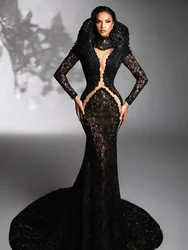 Luxury Prom Gowns Women Elegant Black Party Queen Dress Long Sleeve 3D Collar Lace Embroidery Slim Maxi Long Celebrity Gowns