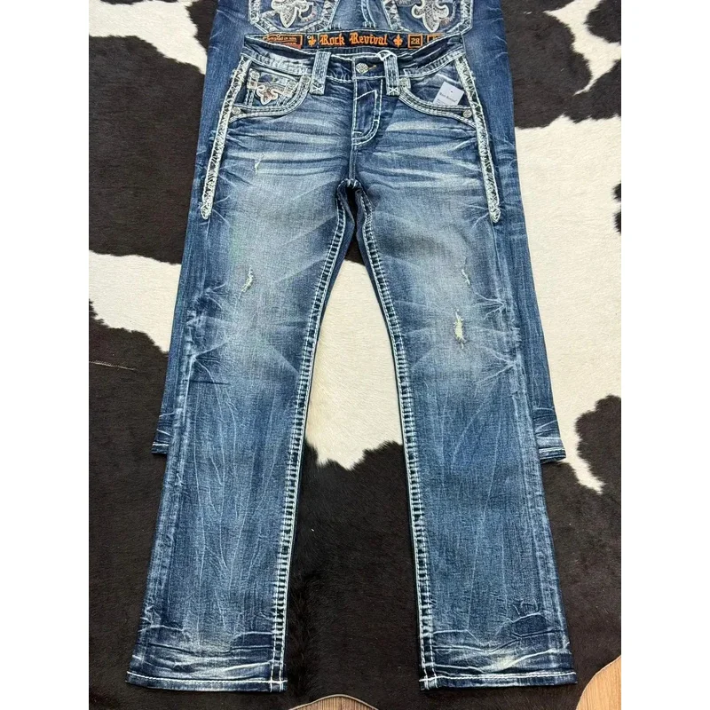 ❤❤2025 Y2K Revival Mens Jeans Foliage Bootcut Women Gothic Blue Denim Embroidery Pocket Hip Hop Harajuku Wide Pants S New ★☆