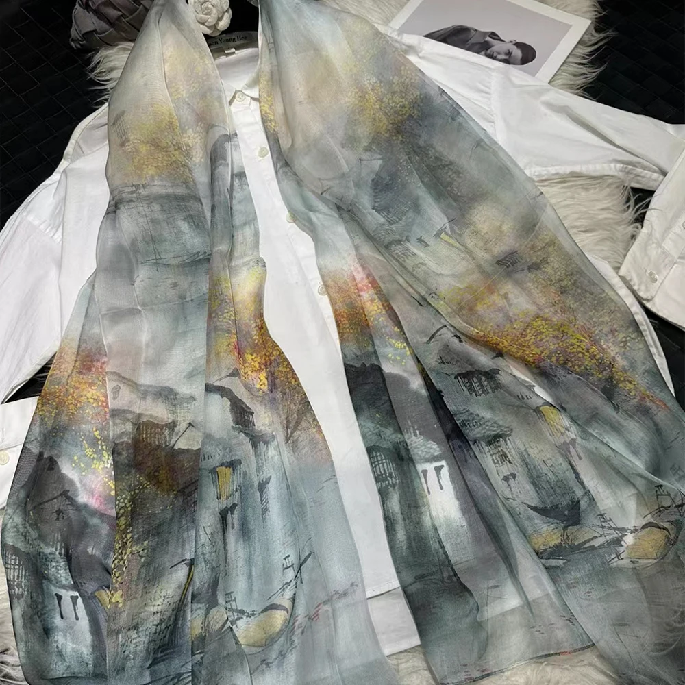 Grey White 100% Silk Shawl Scarf Women Fashion New Floral Design Long Scarves Wraps Summer Silk Chiffon Beach Scarf 180*110cm