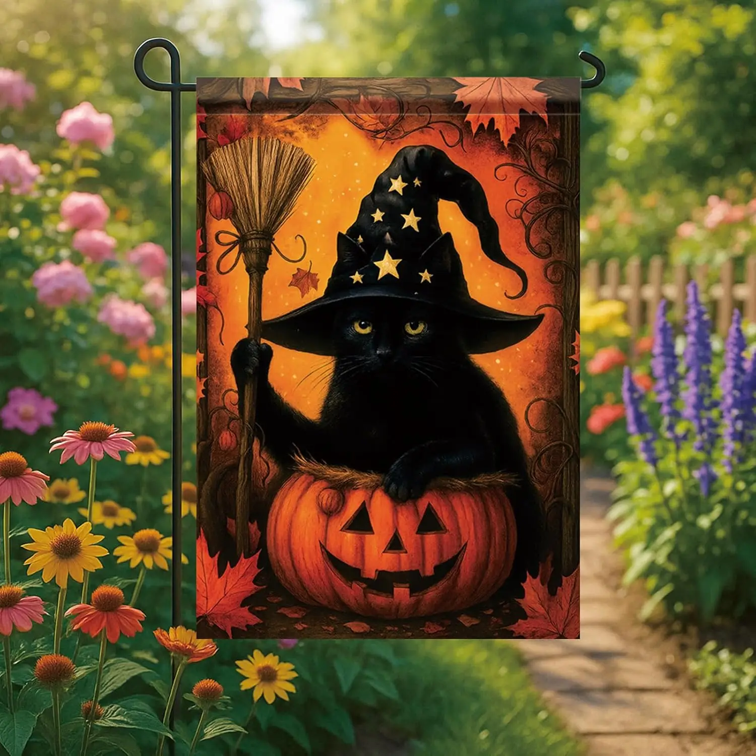 Halloween Garden Flag Black Cat Witch Hat Pumpkin Lantern 12x18 Inch Double Sided Outdoor Yard Banner for Spooky Trick or Tr WZZ