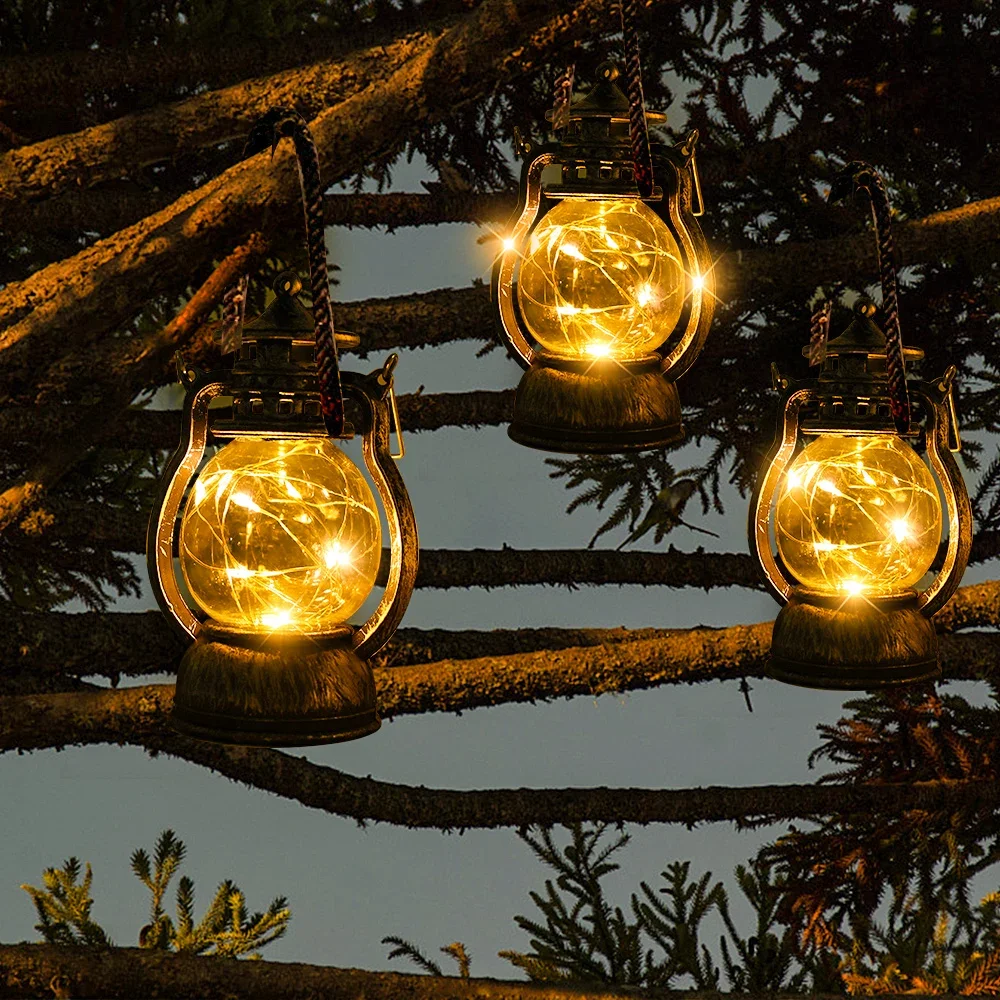 Vintage Przenośna Lampa Olejowa Świąteczna Lampka Nocna LED Zasilana Bateriami Wiszące Latarnie Wewnętrzne i Zewnętrzne Dekoracja na Imprezę Świąteczną