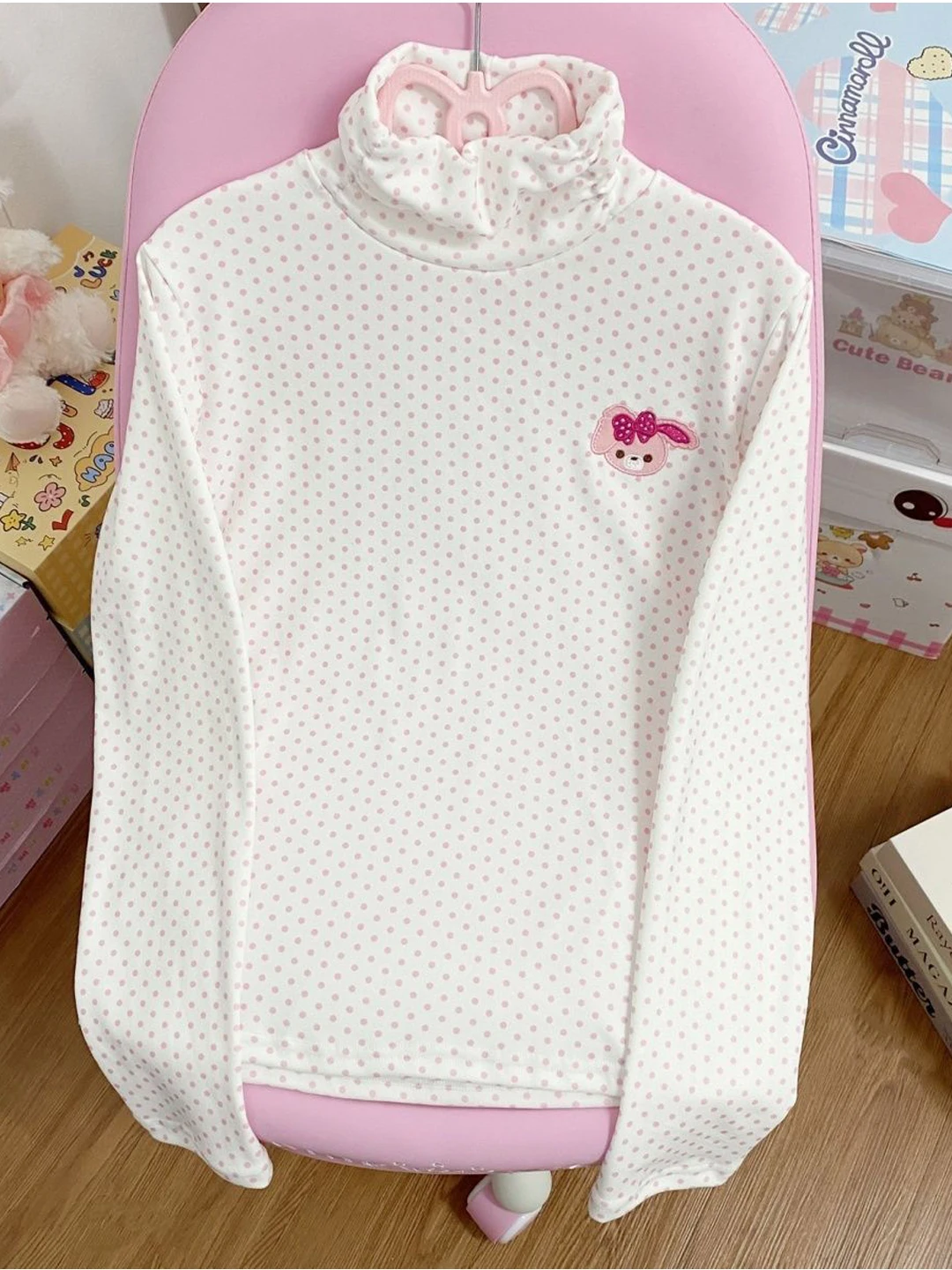 

Cute Japanese Style Long Sleeve T-Shirt Women's Autumn Winter Warm Base Layer Top Polka Dot Dessert Rabbit Half High Collar