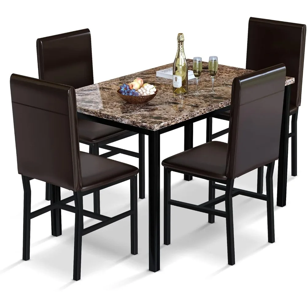 

5-piece Set of 4-person Dining Table, Artificial Marble Kitchen Dining Table and Chairs for 4-person