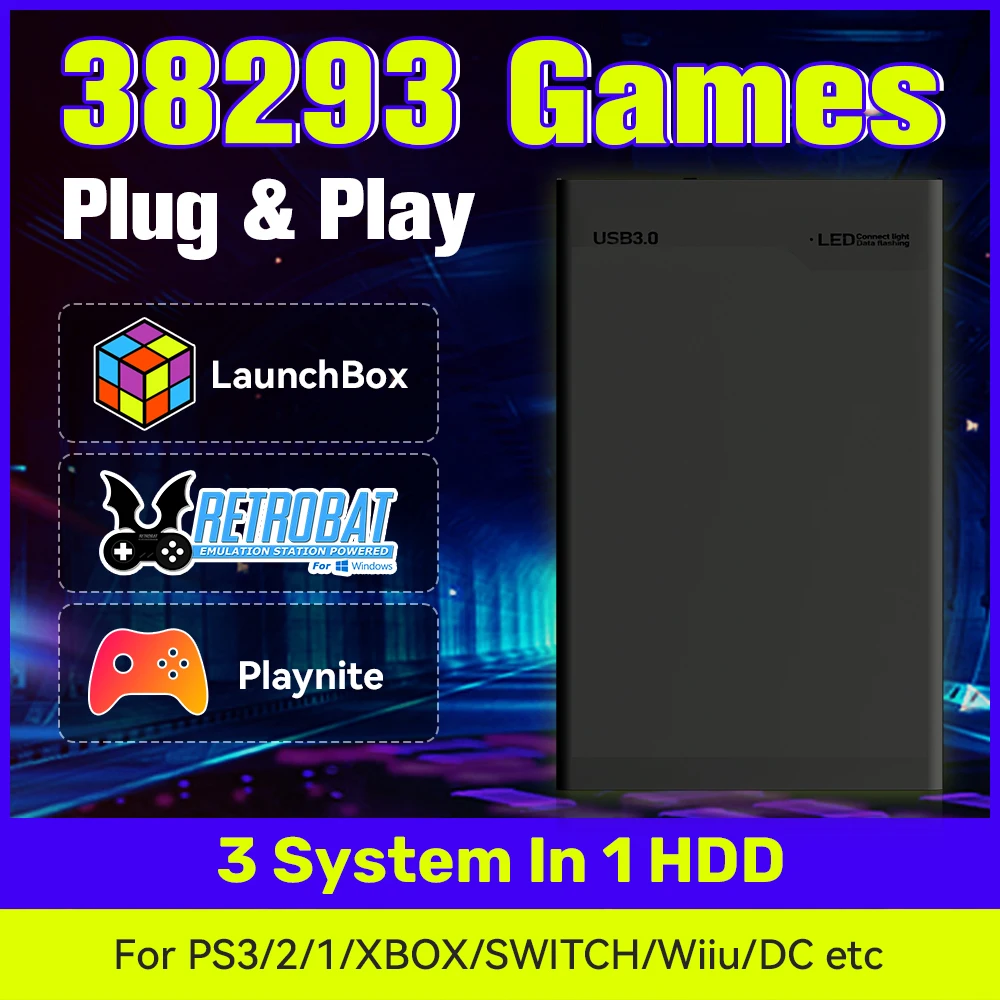 Hyper Base MIX 500G Retro Gaming HDD Launchbox＆Playnite＆Retrobat for XBOX/PS3/Switch/PS2/PS1/Wiiu/Wii with 38293 Retro＆AAA Games