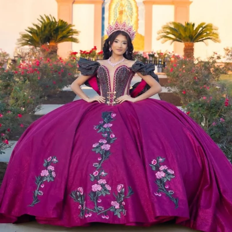 

Rose Pink Quinceanera Dress Crystal 3D Flower Decal off-shoulder Long tail Bow Vestidos De 15 Quinceanera ﻿Customize