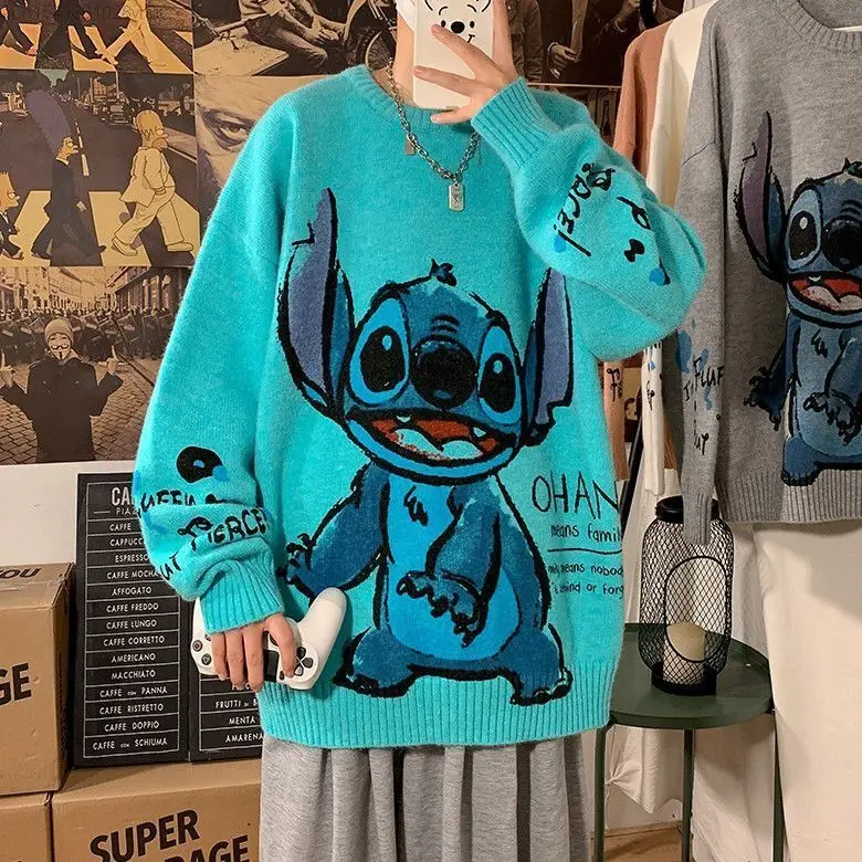 Disney Stitch Hip Hop White Sweater Men\'s Winter Thickened Knitted Trendy Korean Fashion Cute Anime Harajuku Clothes Top Women