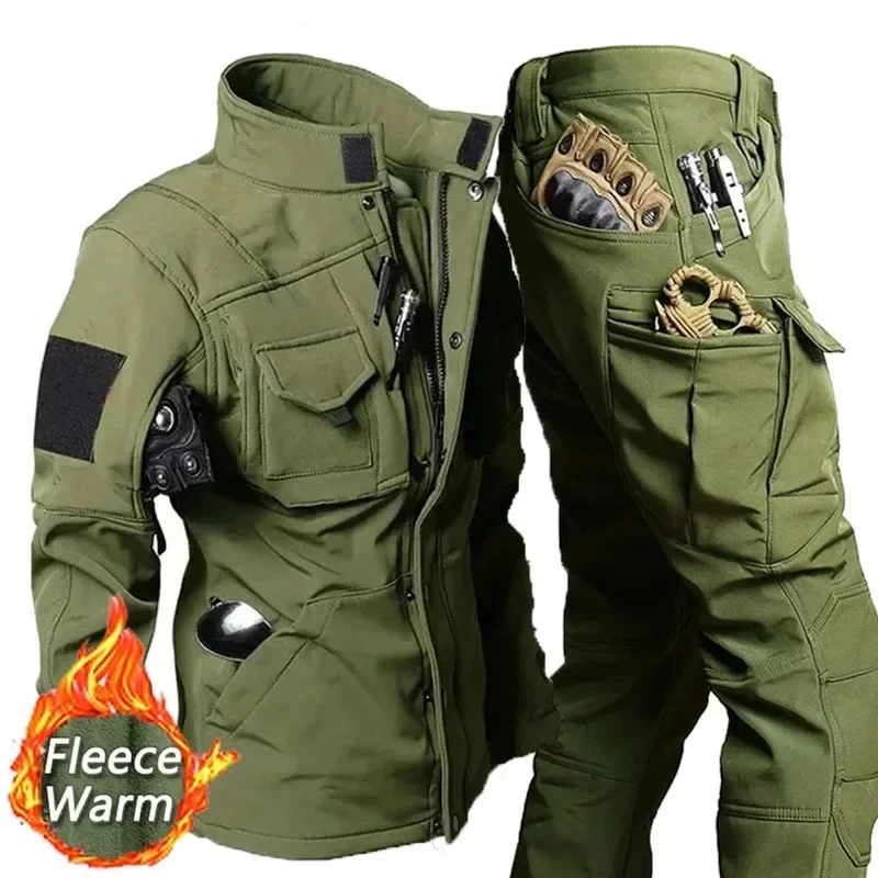 Tactical Sets Mens Thicken Outdoor Soft Shell Warm Fleece Jackets Waterproof Wear Resistant Multi Pocket Pants Hunting Clothes