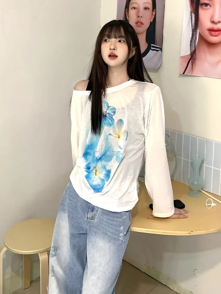 

Long Sleeved T Shirt Korean Womens Summer Cotton Flutter Sleeve Side Slit Ultralight Quickdry Youth Casual Breezy Thin All-Match