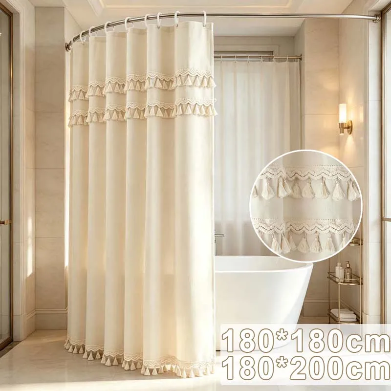 Leinenoptik-Duschvorhang mit Quasten, Bohemian Rustic, Wasserdicht, Dick, Hotelstil, Badvorhang für Badezimmer und Heimdekoration
