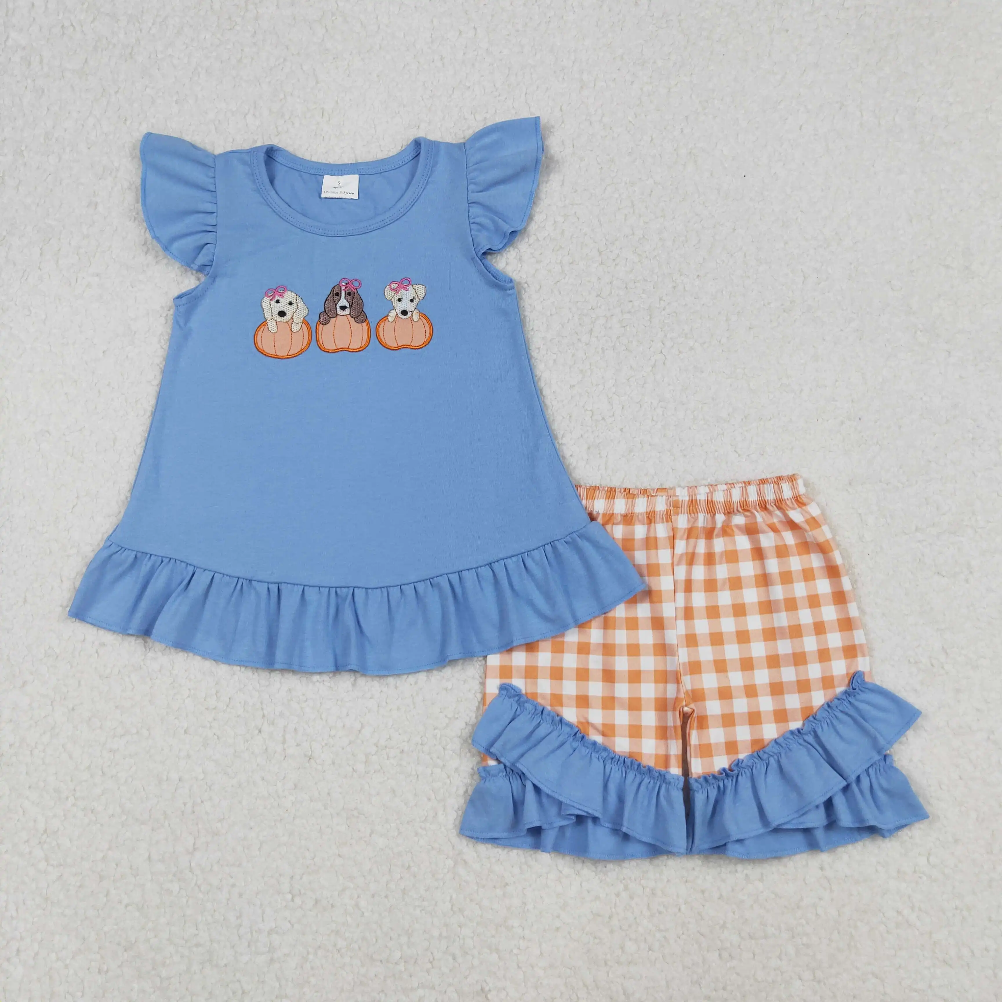 

x9.13 Thanksgiving baby girl Set wholesale Embroidered pumpkin puppy blue flying sleeve orange plaid shorts suit