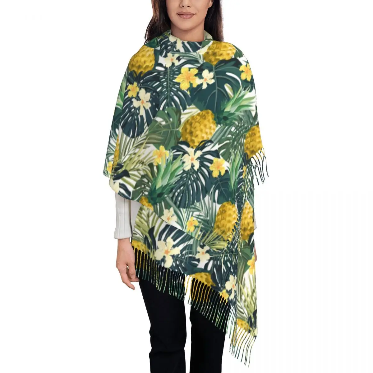 

Tropical Floral Scarf Women Light Pineapple Headwear Scarves with Tassel Winter Luxury 2024 Shawls and Wrap New Design Bufanda