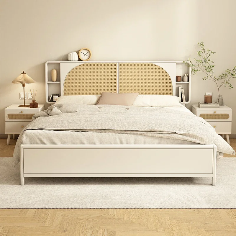 Rattan woven solid wood bed cream wind 1.8m double light white Nordic simple Japanese 1.5m high storage rattan bed