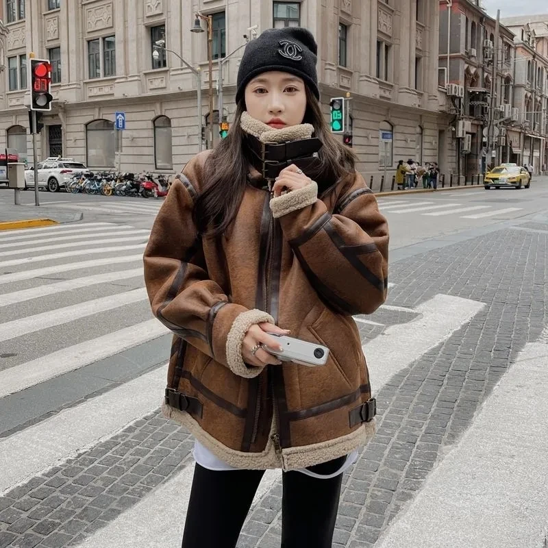 2023ฤดูหนาวSheepskin Faux Suedeแจ็คเก็ตผู้หญิงฤดูหนาวWarm Faux Fur Coatผู้หญิงแขนยาวซิปสั้นเสื้อลําลองCoat