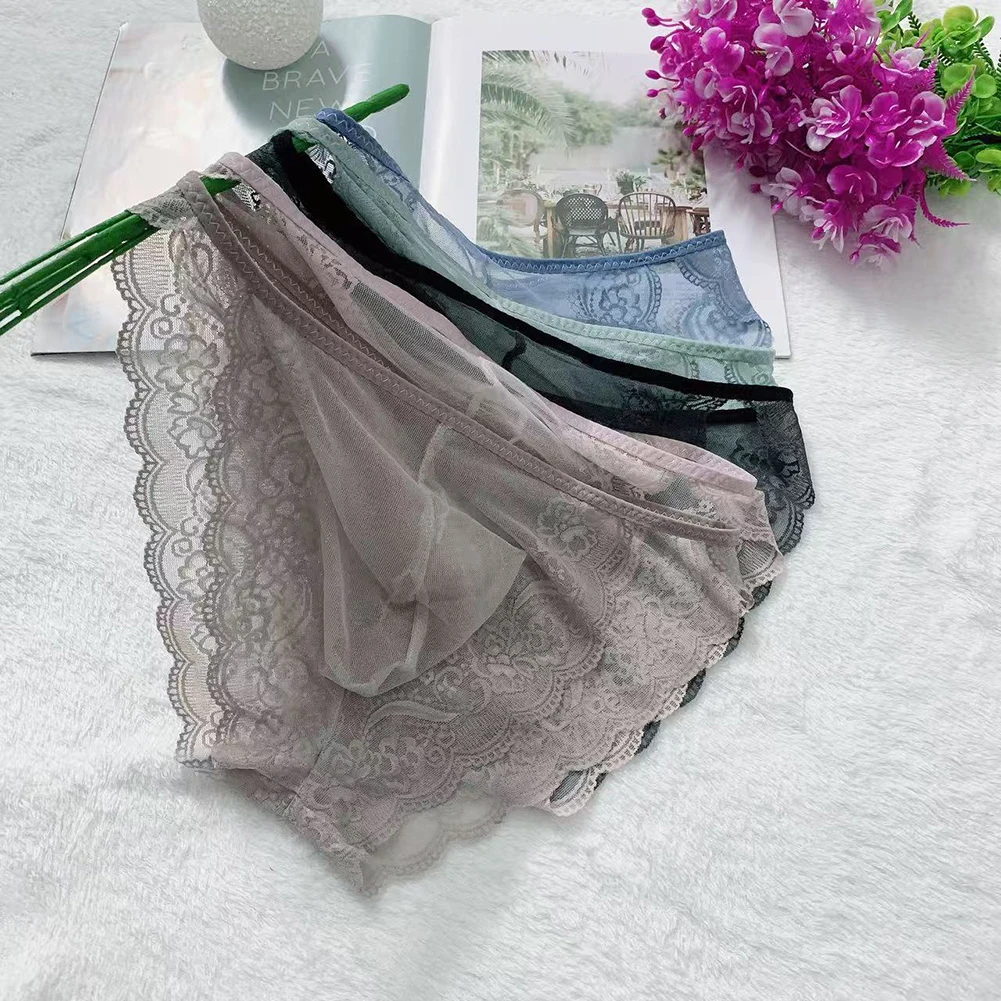 Sexy Sheer Mens Underwear Seamless Fashion Lace Briefs U Convex Pouch Summer Lightweight Breathable Panties