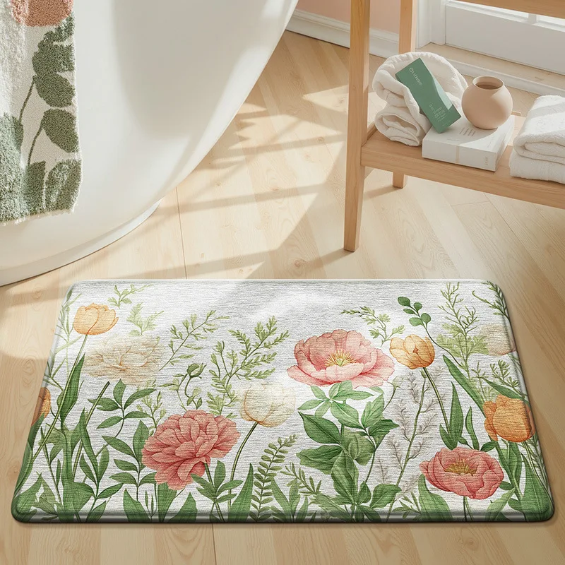 

Contemporary Floral Bath Mat, Luxury Sponge Printed Rug, Cloud-Soft & Fade-Free, Quick Dry Anti-Slip, Modern Bathroom Decor