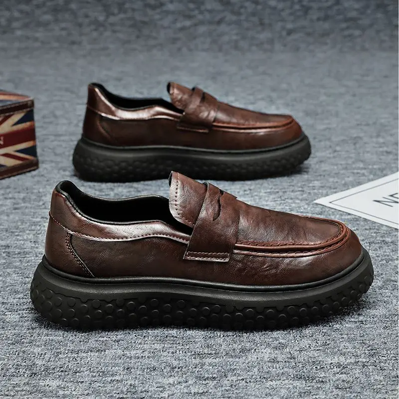 2026 New Men's Loafers Soft Leather Height Increasing Thick Sole Slip on Casual Business Shoes Autumn