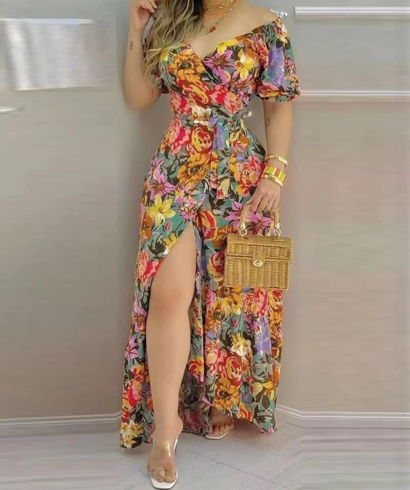 Long Dress Woman Streetwear Spring and Summer 2024 Fashion Versatile Elegant Short Sleeved Printed V-neck Waist Tied Dresses