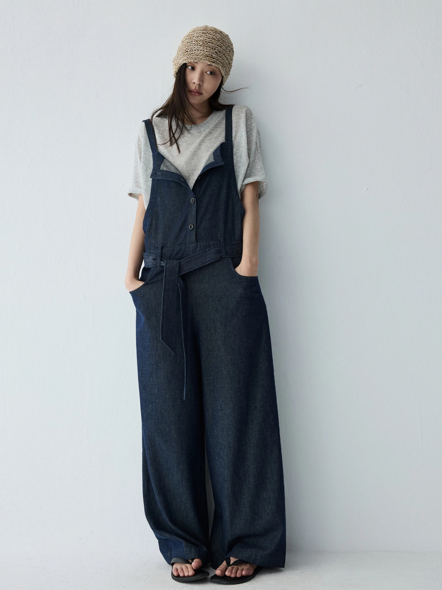 HaveRice Cotton Linen Casual Jeans Lightweight Comfortable Crossbody Strap Pants Loose Fit Natural Waist Button Closure