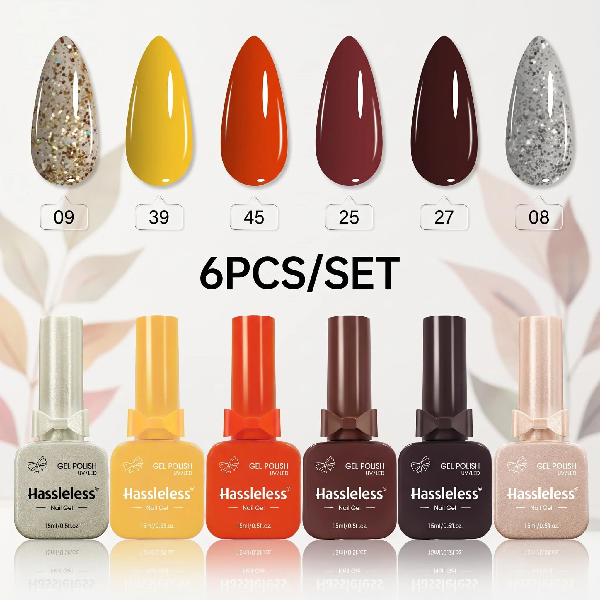Hassleless 6-piece Autumn Warm-Toned Glitter Nail Gel Set, with smooth, rich, and translucent color application, long-lasting mirror shine that locks in color and resists chipping or peeling, creating an autumnal atmos
