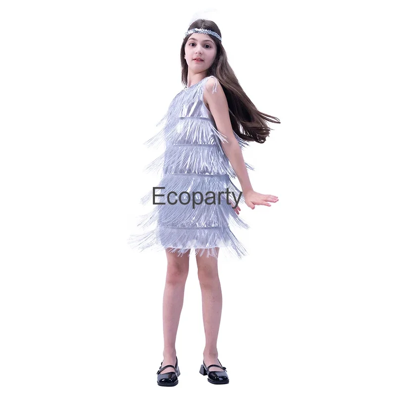 1920s Kids Flapper Dress Young Girls Latin Dance Costumes Solid O-Neck Sleeveless Tassel Dresses With Headwear Halloween Outfit