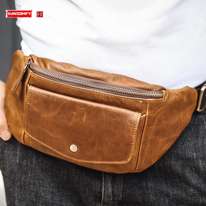 

Vintage Leather Sports Chest Bag Men's Waist Pack Messenger Bag Casual Shoulder Bag Trendy Outdoor Casual Men Bags