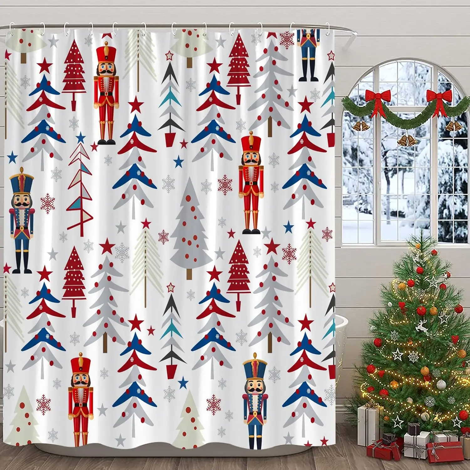 Christmas Shower Curtain,Nutcracker Xmas Tree Snowflake Winter Holiday Red Blue Gray Bathroom Home Curtain Decor with Hooks