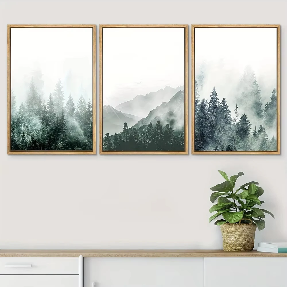 3PCS Frameless Misty Forest Trees Poster Mountain Landscape Canvas Painting Modern Wall Art Decor Nordic Picture Bedroom Home