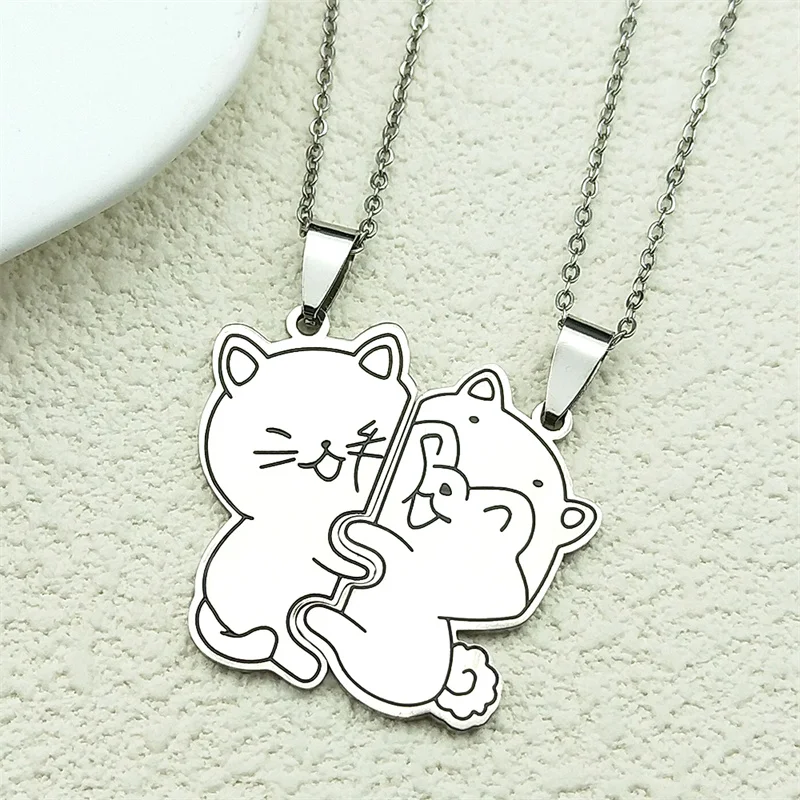 

2Pcs Cat With Bear Hug Together Pendant Necklace for Women Men Stainless Steel Gold Color Love Friendship Chain Jewelry Gifts