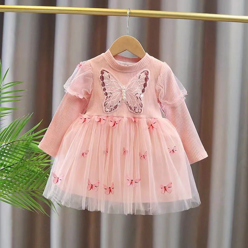 

2024 Toddler Girl Princess Dress Butterfly Pattern Long Sleeve Round Neck Mini Tutu Tulle Dress Little Girl Birthday Party Dress