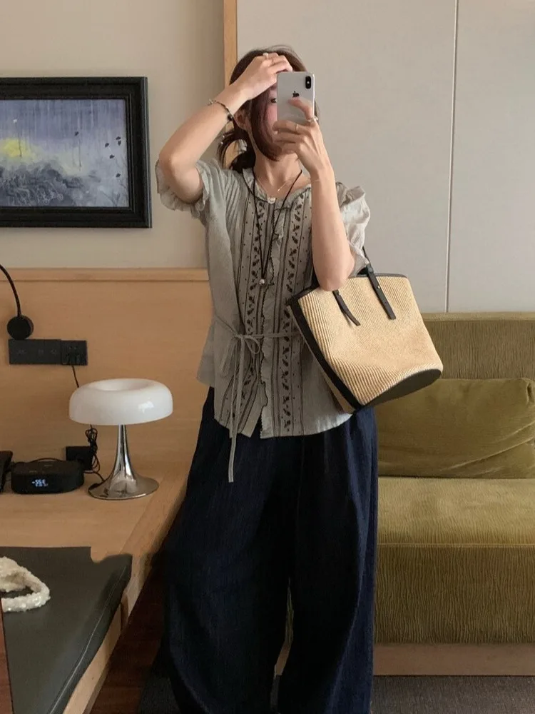 韓国風刺繍ストライプフリル襟レディースシャツ夏アンチエイジング可愛いパフスリーブトップスベルト付きおしゃれ