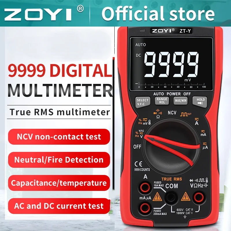 ZOYI ZT-Y LCD 3Line Display 9999 Counts TRMS Auto-Range Voltmeter Capacitance Temp VFC NCV Hz Tester Flash 9999 Counts Multimete