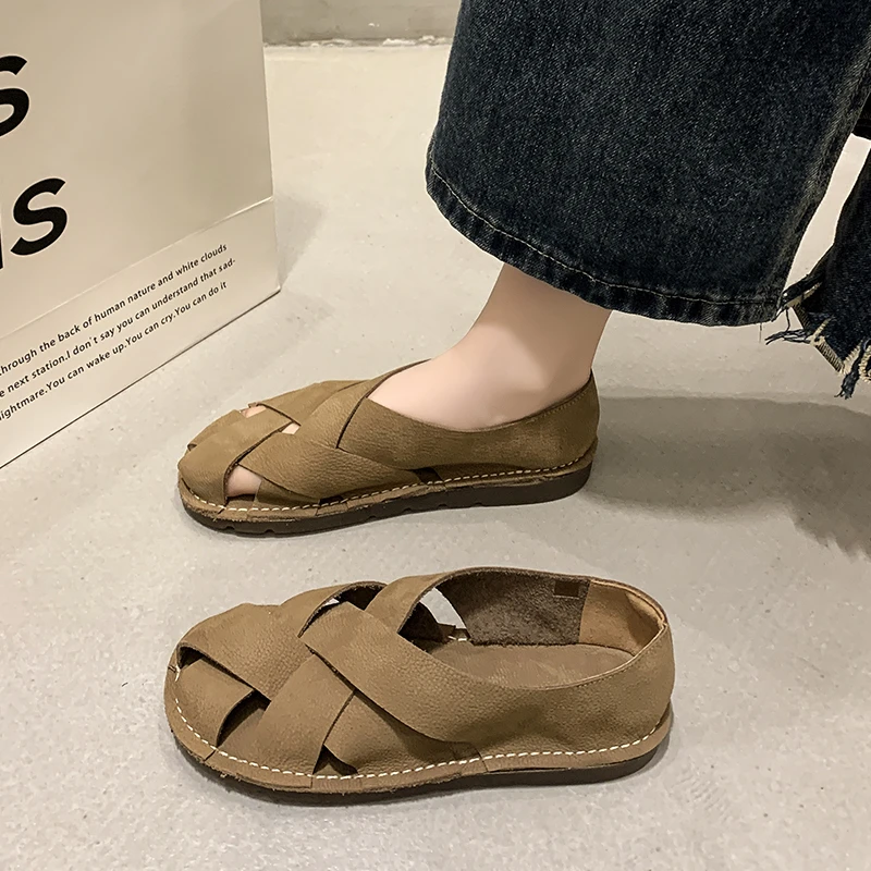 2024 leather Women\'s Sandals Top Layer Cowhide Handmade Woven  Women casual Flats the retro art mori girl shoes