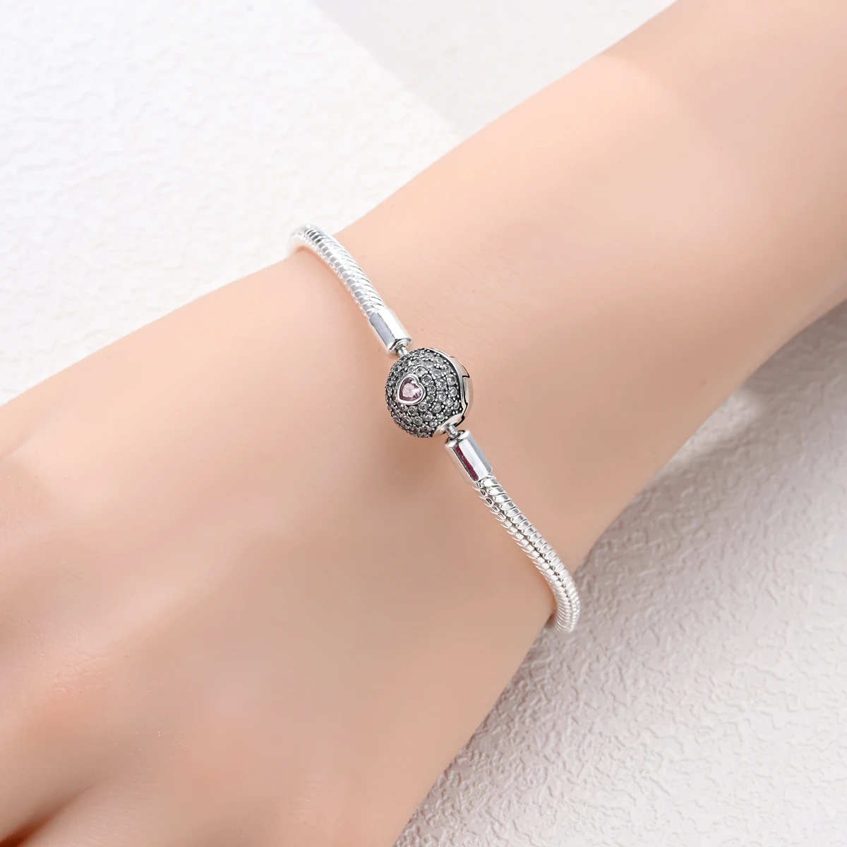 925 Sterling Silber Original Schlangenkette Herzverschluss Perlen-Sicherheitskette Armbänder Passend für Charms DIY Schmuck für Frauen – Detail 4