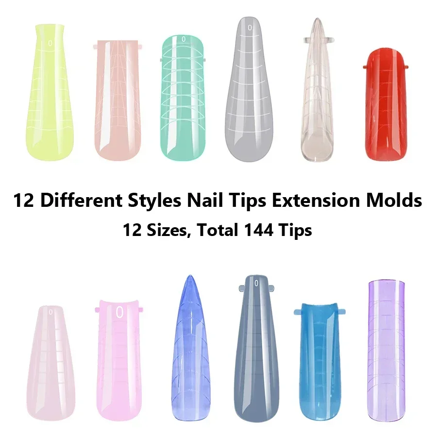 144Pcs Dual-Form Crystal Gel Nail Extension Mold Set Stiletto Coffin Square Acrylic Nail Tips 12 Shapes Reusable Durable