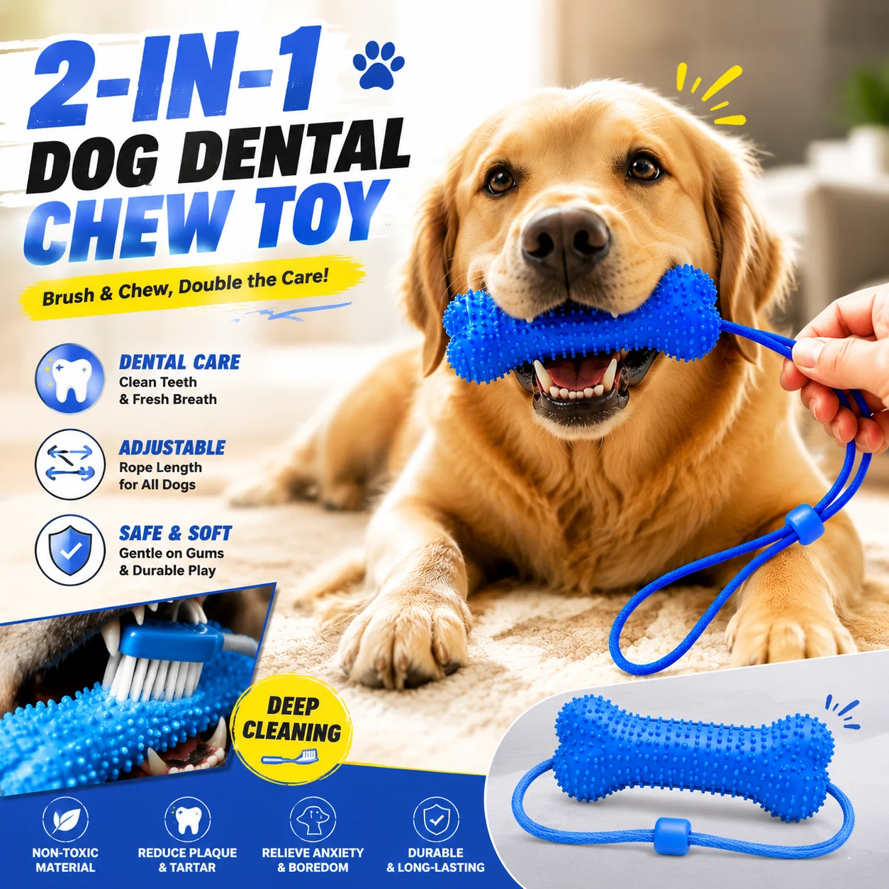 Pet Dental Care Chewing Toy 2in1 Chew Clean Bone Toothbrush With Adjustable Pull Rope Dog Toy Deep Plaque And Tartar Cleaning