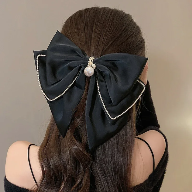 Large Fabric Bow Hair Clips Crystal Rhinestone Hairpins Headwear Elegant Fashion Barrette Hair Accessories for Women Girls