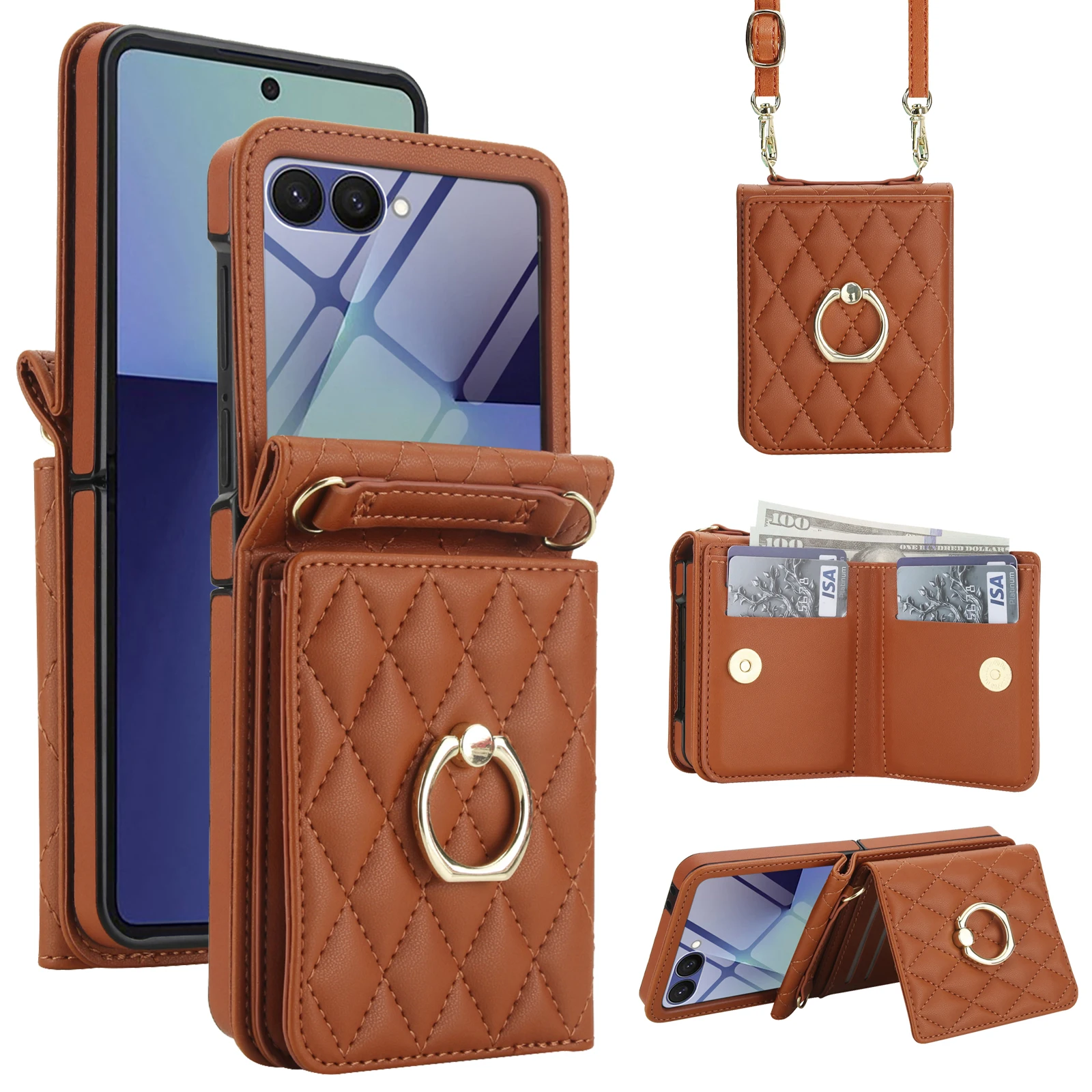 

Роскошный кожаный чехол-книжка через плечо с кольцом для карт Solt Wallet Flip для телефона Samsung Galaxy Z Flip 7 6 5 4 3, длинный чехол на ремешок